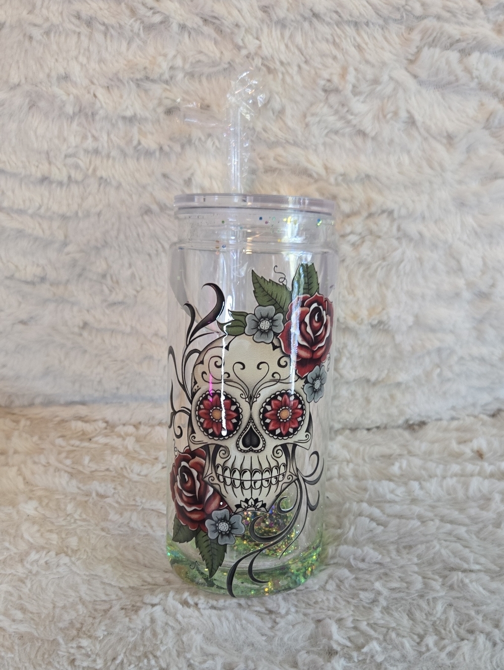 Clear Sugar Skull Floral Double-Wall Tumbler with Straw - Clear/Red